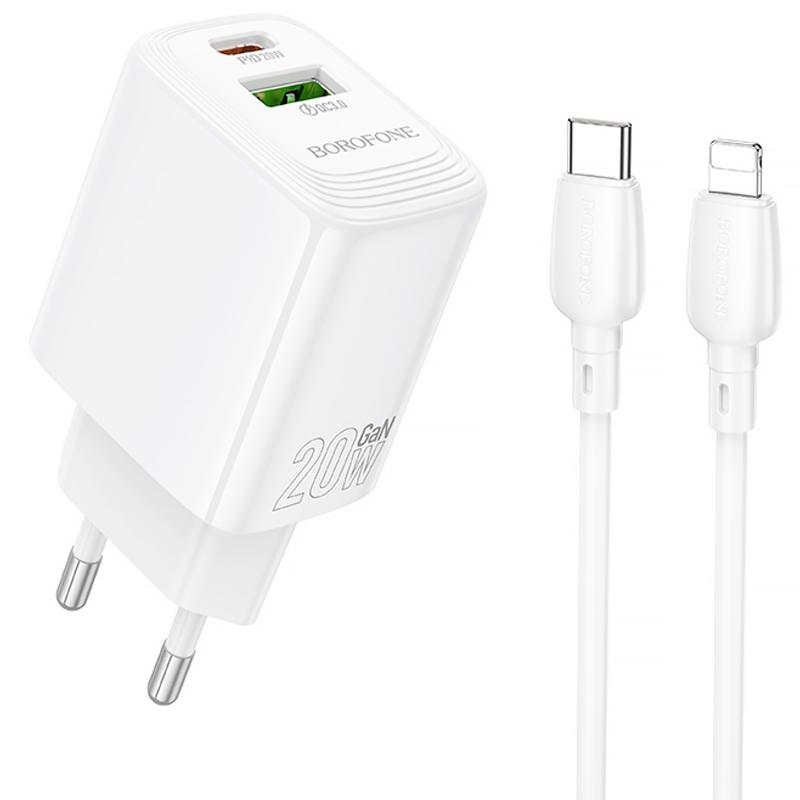 МЗП Borofone BN27 Fuente PD20W+QC3.0 (1USB-A/1C) + кабель Type-C to Lightning