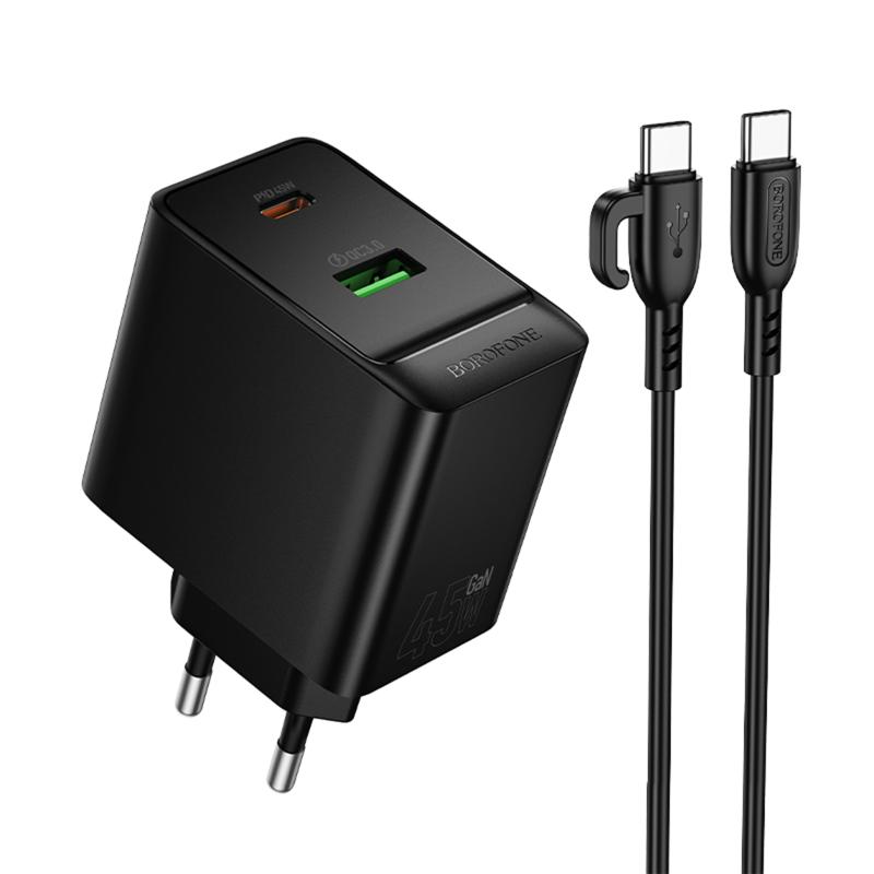 МЗП Borofone BAS16A Erudite PD45W+QC3.0 (1USB-A/1C) + кабель Type-C to Type-C
