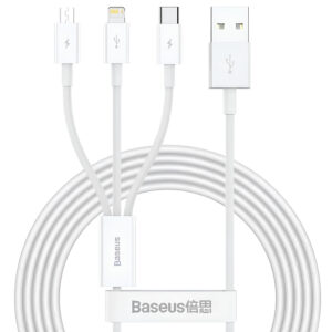 Кабель Baseus Superior Series, три типи конекторів для зарядки та передачі даних.